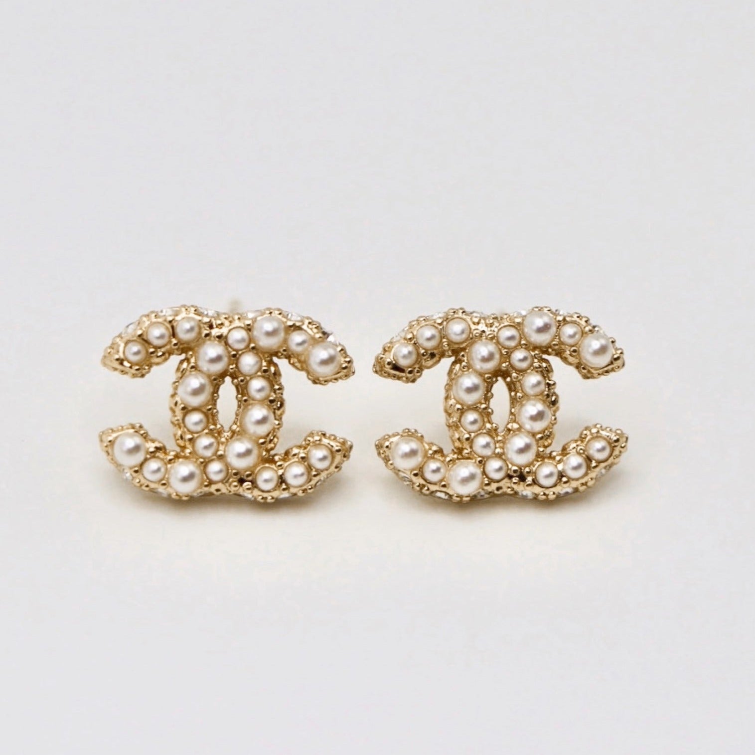 Chanel Mini CC Logo Pearl Stud Earrings Gold