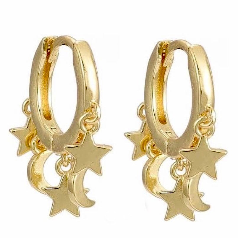 Gold Star and Moon Dangle Dainty Huggie Hoop Earrings