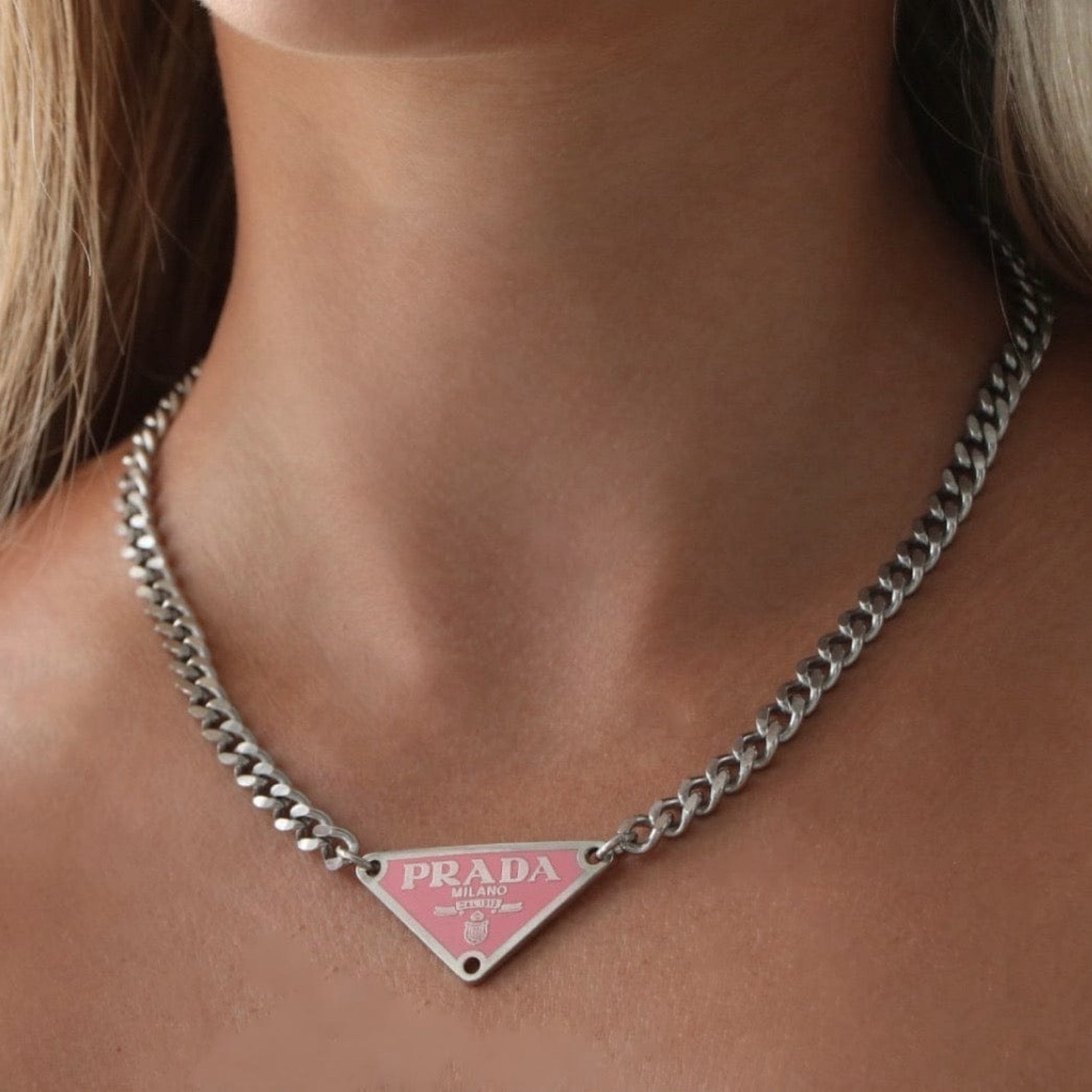 Prada Pink and Silver Logo Tag Necklace – Reluxe Vintage
