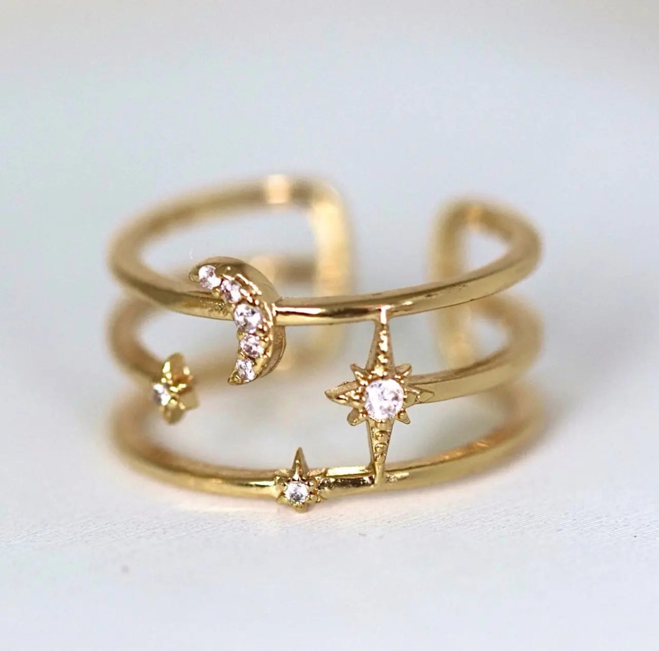 Moon & Star CZ Gold Filled Adjustable Ring for Women