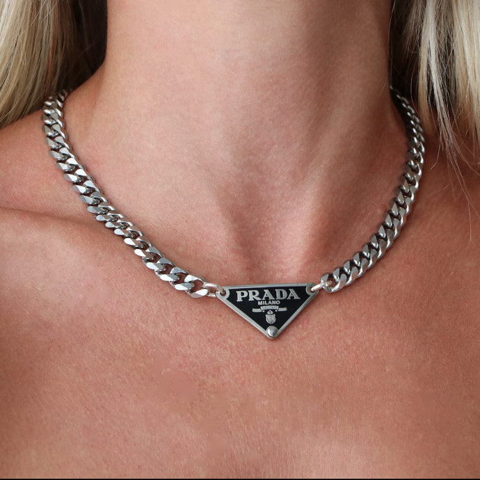 Prada Enamel Triangle Logo Oval-Link Chain Necklace - Bergdorf Goodman