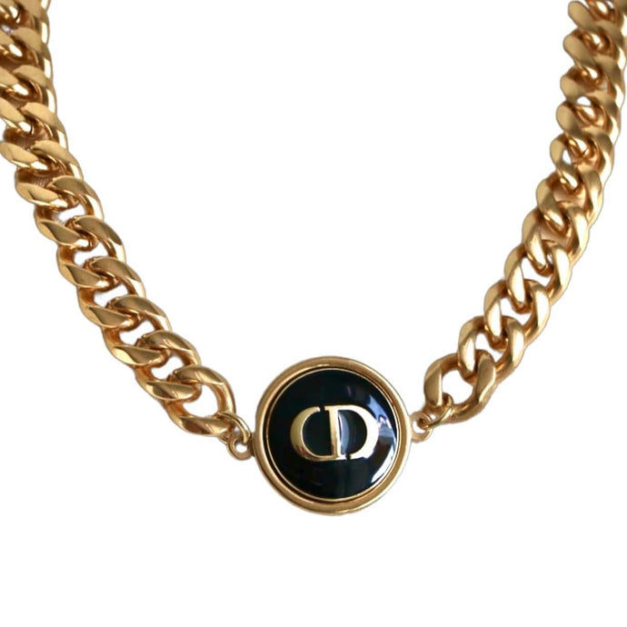 Gold & Navy Dior Button Necklace - Reluxe Vintage