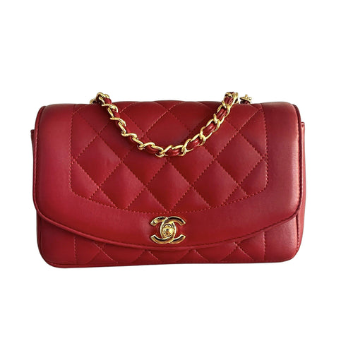 Small Diana Shoulder Bag In Red Quilted Lambskin - Reluxe Vintage