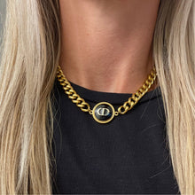 Load image into Gallery viewer, Reluxe Vintage Gold &amp; Navy CD Button Necklace
