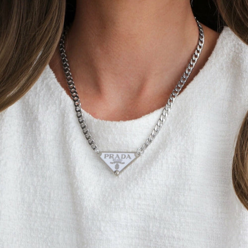 Repurposed Black & Silver Prada Triangle Tag Choker Necklace | Harper j.  Vintage